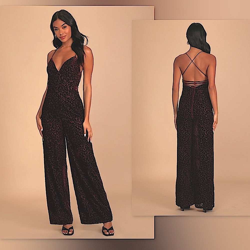 🍇Lulus Very Classy Floral Burnout Velvet Wide-Leg Jumpsuit in Purple Plum, XL